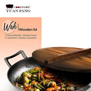 Sartén antiadherente para freír, sartén de hierro fundido chino <span class=keywords><strong>Wok</strong></span> con tapa de madera, presazonado, 32/34/36CM, venta al por mayor - Product Image 6