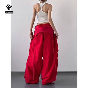 Pantalones Casuales de Verano para <span class=keywords><strong>Mujer</strong></span>, de Cintura Alta, Plisados, con Frente Plano, Bordado, Cintura Elástica, Diseño Holgado de Pierna Ancha, Pantalones Deportivos - Product Image 4
