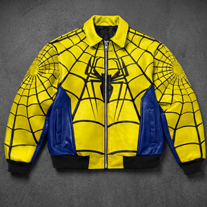 Blouson Bomber en PU jaune pour homme, motif toile d'araignée, fermeture éclair, col rabattable, style décontracté automne, imprimé motif - Product Image 3