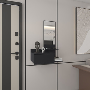 Mueble flotante para pasillo, 36.2 pulgadas de alto, 1 cajón, 3 estantes, 1 espejo, negro - Product Image 1