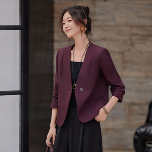 Women's Collarless Blazer Solid Color Polyester Anti-Wrinkle Short Suit Jacket For Spring Autumn Professional Casual Wear - Product Image 2