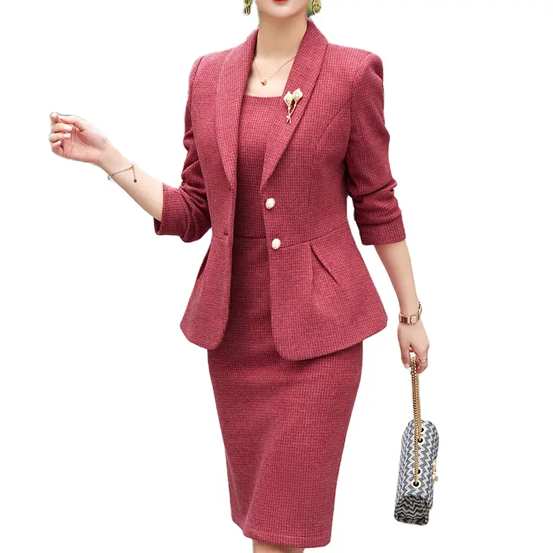 Wholesale 2 Piece Dress Suits High quality Women Business Set Fashion Formal Lady Office Winter Thick Suit Blazer and Dress