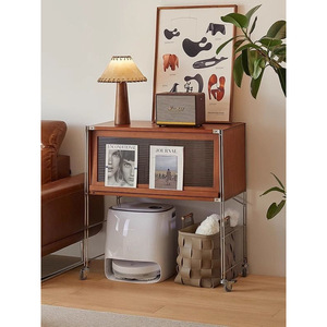 Vintage <b>Solid</b> <b>Wood</b> Storage Cabinet With Wheels For Living Room Robotic Vacuum Holder Mobile <b>Bookcase</b> Side Cabinet - Product Image 2