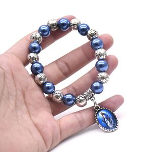 Religious Jewelry Virgin Pendant Rosary <b>Bracelets</b> Elastic Plastic Pearl <b>Beads</b> Strand <b>Bracelet</b> Sapphirine Blue Pearl <b>Bracelet</b> - Product Image 2