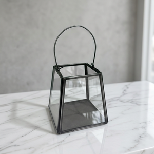 Iron <b>Lantern</b> <b>Candle</b> Holder With Handle <b>For</b> Home Decoration Durable Metal Frame Clear Glass Panels Black Finish - Product Image 1