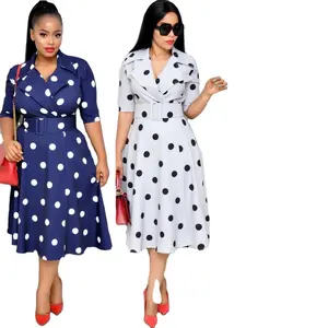 Baju Setelan Wanita Lengan Polkadot, Gaun Sabuk Lebar Ayunan Besar Ukuran Besar Jahitan Lengan Polka Dot Kerah Afrika Gaya Meledak