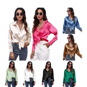 Hot Sell Autumn Winter Pure Color Custom Logo Plain Blank Women's Satin Imitated Silk Shirt Long Sleeve Women Shirt