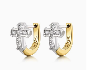 Boucles d'oreilles pendantes audacieuses et polyvalentes, bijoux fantaisie, élégantes boucles d'oreilles créoles en forme de croix bicolores contrastées pour le quotidien - Product Image 1