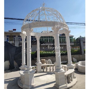 Grandi Gazebo <span class=keywords><strong>da</strong></span> <span class=keywords><strong>Giardino</strong></span> Antichi in Marmo Bianco con Colonne Rotonde Scolpite e Tetto in Metallo in Vendita - Product Image 2