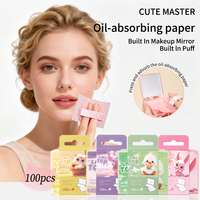 Lot de 100 feuilles absorbantes de sébum pour le visage, motif dessin animé, avec houppette et miroir, format voyage