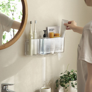 Transparent Wall Mount Storage Rack Large Capacity Plastic Bathroom Organizer Rectangular White No Drill Required - Product Image 1