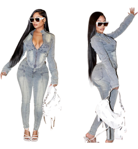 STOCK Moda Streetwear Otoño Manga larga Cremallera Chaqueta de mezclilla Traje de dos piezas Top y pantalones vaqueros Conjunto de mezclilla para mujer - Product Image 2