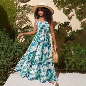 Vestido para niñas con estampado de hojas tropicales, vestido largo bohemio con cuello en V, vestido sin mangas para vacaciones en la playa de verano - Product Image 1