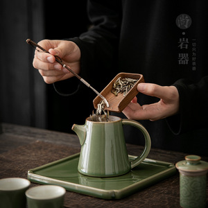 Bamboo Green Glaze Teapot <b>Set</b> With Two Cups And Tray Simple Style Pottery <b>Tea</b> Brewing System For Hotels And Guesthouses - Product Image 3