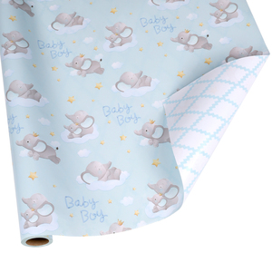 Soft Light Blue <b>Elephant</b> <b>Decorative</b> Wrapping Paper Roll Dual Face Blue Grid Reverse For Little Boy Holiday Gift Packing Supply - Product Image 3