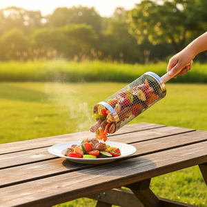 Cestello Girevole <span class=keywords><strong>per</strong></span> Barbecue in Acciaio Inox con Manico in Legno, Cestello Portatile <span class=keywords><strong>per</strong></span> Grigliare Carne e Verdure all'Aperto - Product Image 6