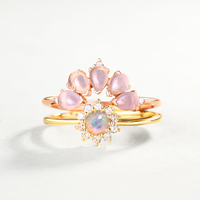 Bague plaquée or rose 18 carats en argent sterling 925 avec opale de laboratoire, cristal rose, labradorite et cinq pierres cabochon en forme de poire pour couronne