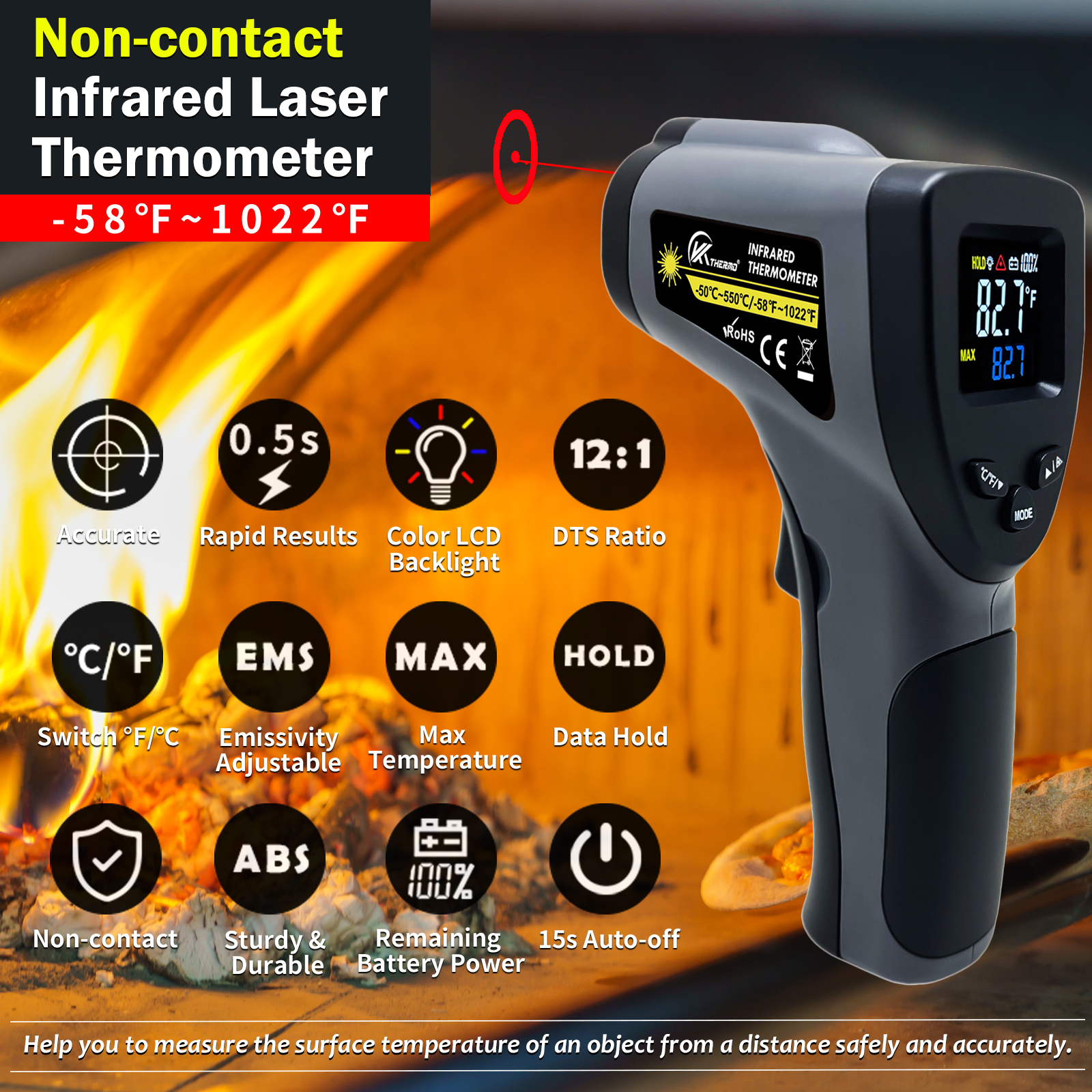 Industrial Infrared Thermometer Gun – Non-Contact Digital Pyrometer Temperature Meter - View 2