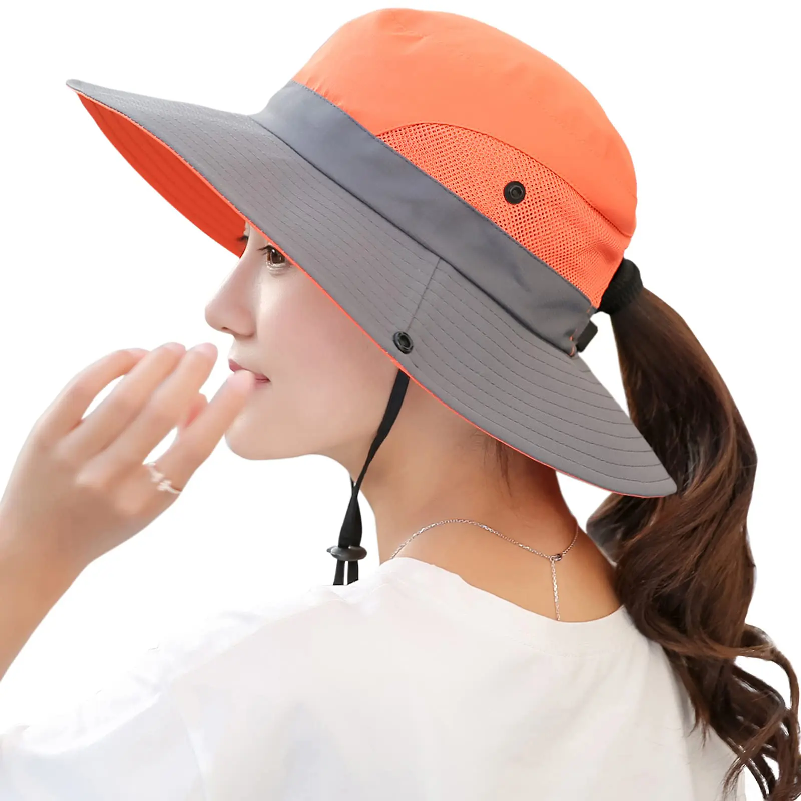 Ngoài Trời Mặt Trời Safari Hat UV Bảo Vệ Lưới Ngư Dân Ponytail Hat Có Thể Gập Lại Rộng Brim Boonie Xô Hat Với Chuỗi