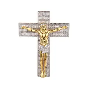 批发925纯银高品质嘻哈全冰袋定制大尺寸双色长棍面包十字架，吊坠上有耶稣