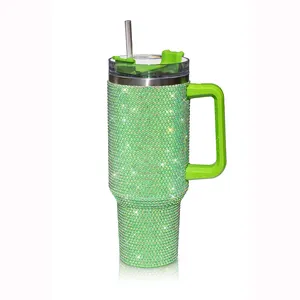 Factory Directly Selling 40oz Rhinestone Tumbler Double Wall Stainless Steel Cup With Handle And Straw