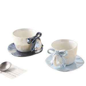 Juego de taza y platillo de cerámica con diseño de lazo estético, taza creativa y bonita para té de la tarde, vajilla para el hogar. - Product Image 5