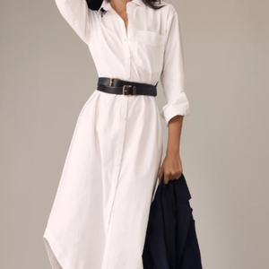 Robe chemise décontractée à manches longues brodée de fleurs, respirante, écologique, avec ceintures en dentelle et décorations ajourées pour l'été - Product Image 1