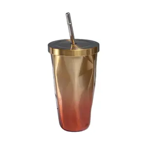 500ml 다채로운 독특한 스테인레스 스틸 커피 컵 밀짚 뚜껑과 특별한 은색 빛나는 머그