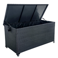 Banc de rangement d'extérieur en rotin avec couvercle verrouillable et roues mobiles pour coussins de piscine, vente en gros d'usine