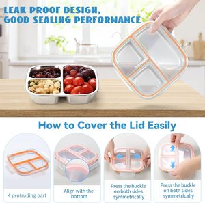Premium Stainless Steel Bento <b>Box</b> 2/3 Compartment Microwaveable <b>Lunch</b> <b>Box</b> Adults Airtight Plastic Lid Sealed Antibacterial - Product Image 5