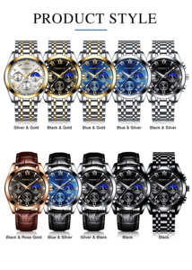 Montres pour hommes de luxe en acier inoxydable, bracelet en acier inoxydable, lumineuses, étanches à 30 m, chronographe à quartz - Product Image 2