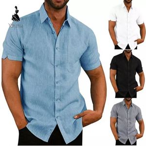 Chemises décontractées <span class=keywords><strong>de</strong></span> luxe pour hommes à manches courtes et col rabattu, en lin ample, avec poche poitrine, coloris noir, blanc, gris, bleu - Product Image 5