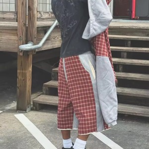 New Arrival Custom Plaid Patchwork <b>3</b>/<b>4</b> Long Sweat <b>Shorts</b> Streetwear Wide Leg <b>Shorts</b> for <b>Men</b> - Product Image 2