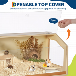 <span class=keywords><strong>Cage</strong></span> en bois naturel pour hamster, habitat intérieur pour petits animaux avec fenêtre en acrylique et dessus ouvrable. - Product Image 5