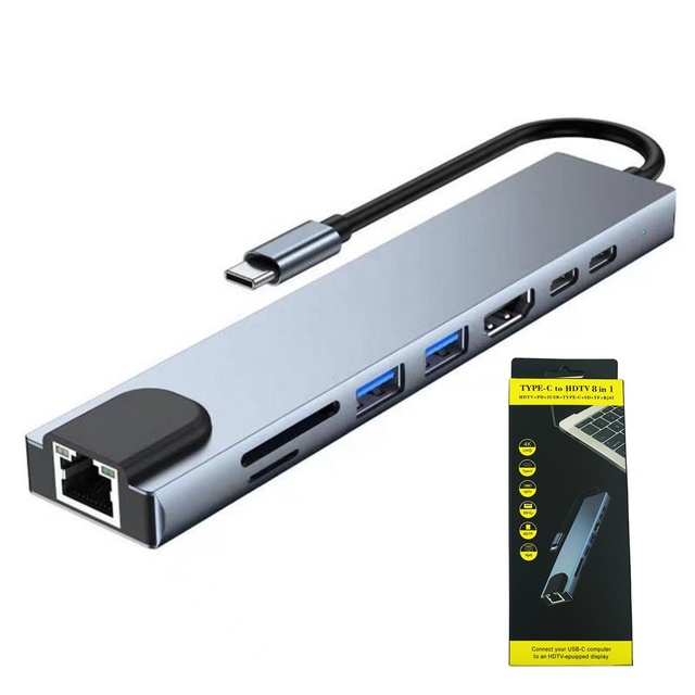 USB C Hub Multi Port Adapter 8 in 1 Type C Docking Station 4K HDMI-compatible 100W PD USB 3.0 Ethernet Splitter for MacBook