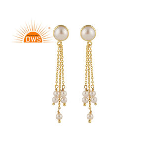 Boucles d'oreilles pendantes en perles blanches et pierres précieuses fabricant boucles d'oreilles en argent plaqué or jaune bijoux pour femmes cadeau pour elle - Product Image 1