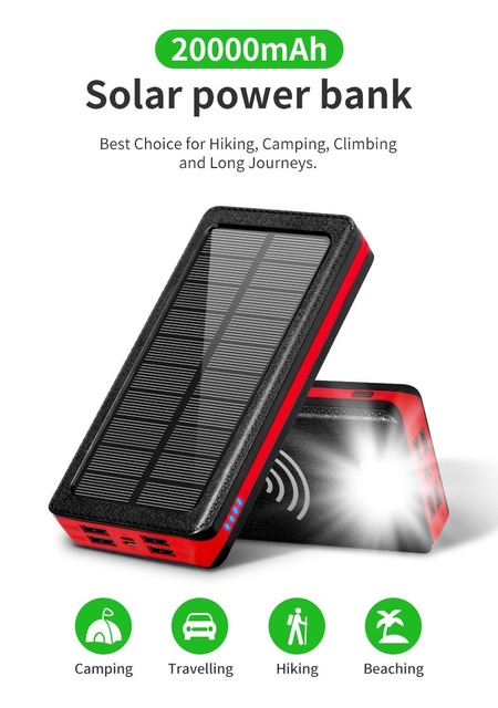 Portable Wireless Charger Solar Power Bank with 4USB Ports LED Light Micro USB Input & Quick Charge for Outdoor Use
