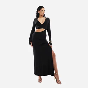 V Neck Cut Out Detail Tie Back Casual Elegant Long Sleeve Maxi Dress