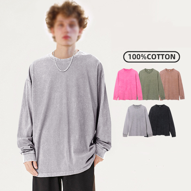 Custom Vintage Acid Washed Long Sleeve T-Shirt Oversized Heavyweight Men's Full Sleeve Cotton Tshirt Distressed T Shirt