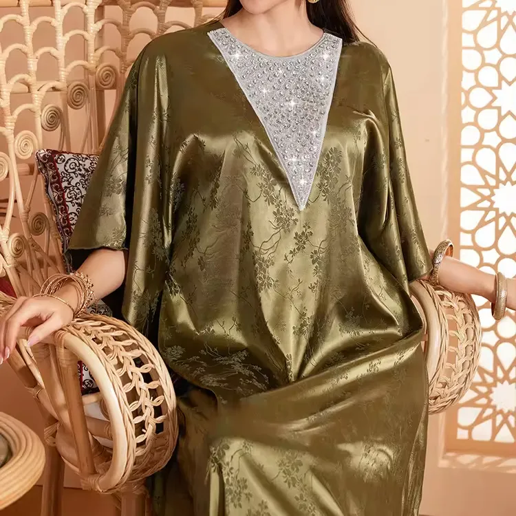 साटन ग्रीन टर्की अबाया कपड़े सिल्क ड्रेस डायमंड अबाया फ्लावर प्रिंट मुस्लिम बैटविंग हाफ स्लीव ड्रेस थोक