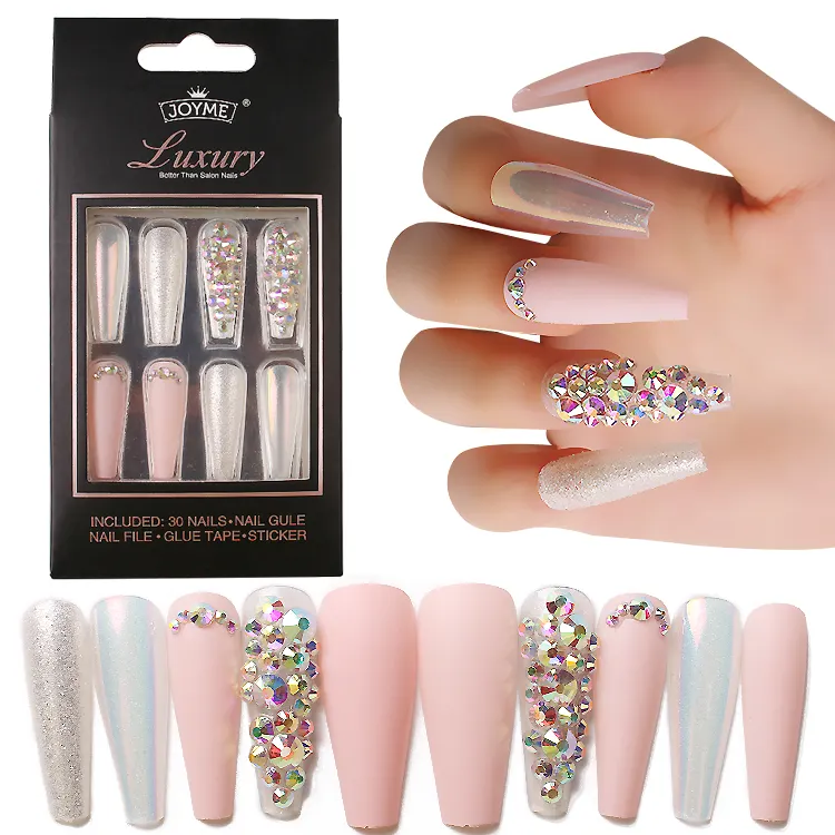 Pink butterfly and diamond coffin full coverage false nails 30pcs false nails french press on false nails