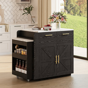 Isla de Cocina Negra Moderna SENYU con Encimera de Mármol Blanco, Estantes Abiertos, Almacenamiento para Vino, Mesa de Preparación Multifuncional - Product Image 4