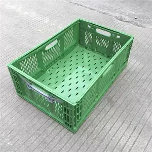 Caja de almacenamiento plegable de plástico para verduras, cesta con ventilación plegada, mango mecánico, cajas plegables para frutas a la venta