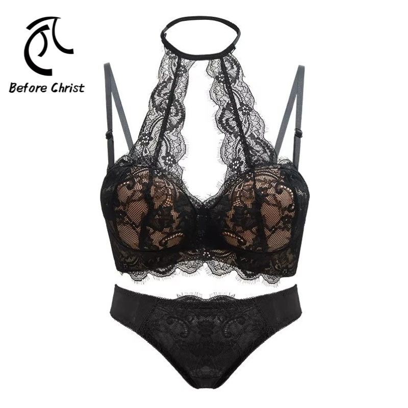 Women's Intimates Pure Black Sexy Lace Hanging Neck Bra Suit Crocheted ...