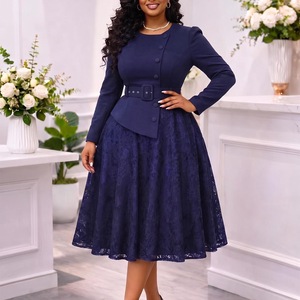 <span class=keywords><strong>D649</strong></span> Robe midi évasée à col rond et taille haute en dentelle, style faux deux-pièces, coupe trapèze, pour femme grande taille 3XL, tenue de travail - Product Image 5