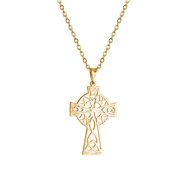 2021 Vintage Cross Pendant Necklace Hollow Celtics Cross Stainless Steel Jewelry Talisman Christian Necklace 18K Gold Plated