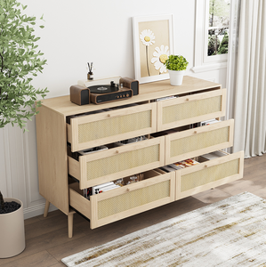 Modern European Rattan <b>6</b>-<b>Drawer</b> Chest of Dressers for Bedroom Eco-Friendly & Durable Solid Oak Handles - Product Image 1