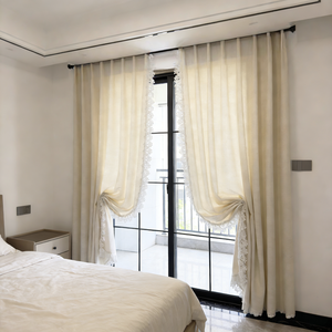 Rideaux longs beiges avec accents en dentelle, élégantes draperies à cordon, rideaux de <span class=keywords><strong>porte</strong></span> respirants <span class=keywords><strong>pour</strong></span> salon et balcon - Product Image 2