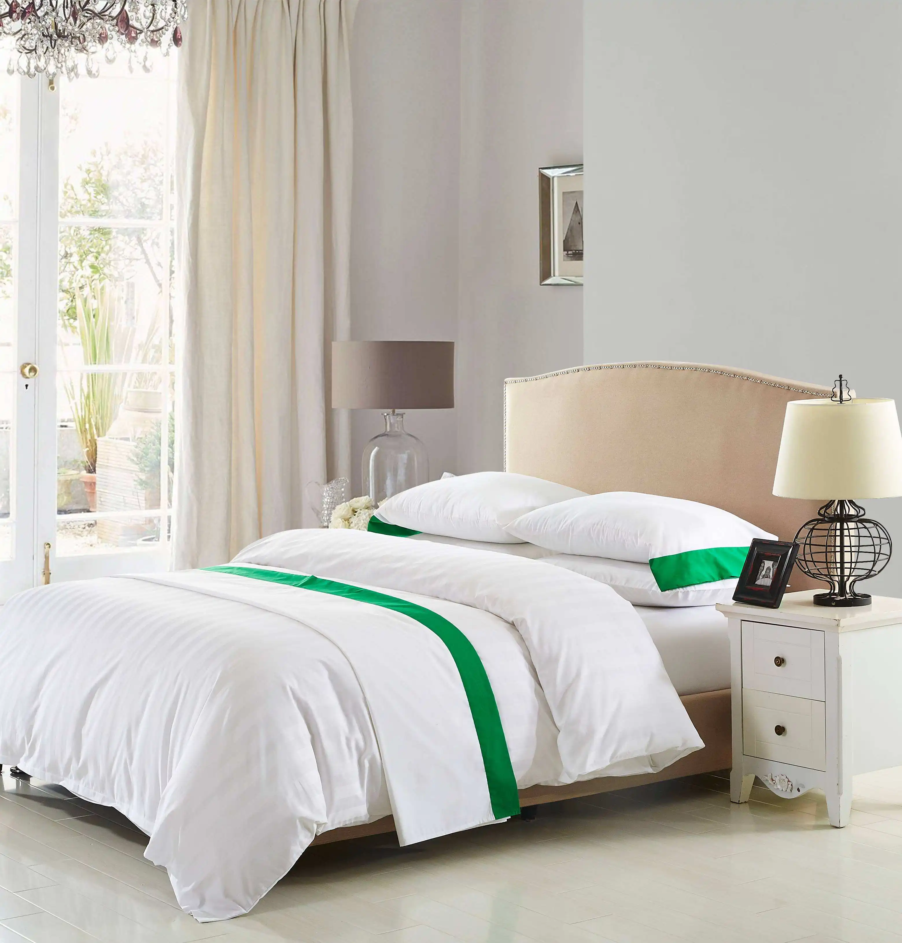 होटल बिस्तर सेट के लिए उच्च गुणवत्ता वाली सफेद किंग साइज 100% ऑर्गेनिक कॉटन साटन चादर और तकिया कवर