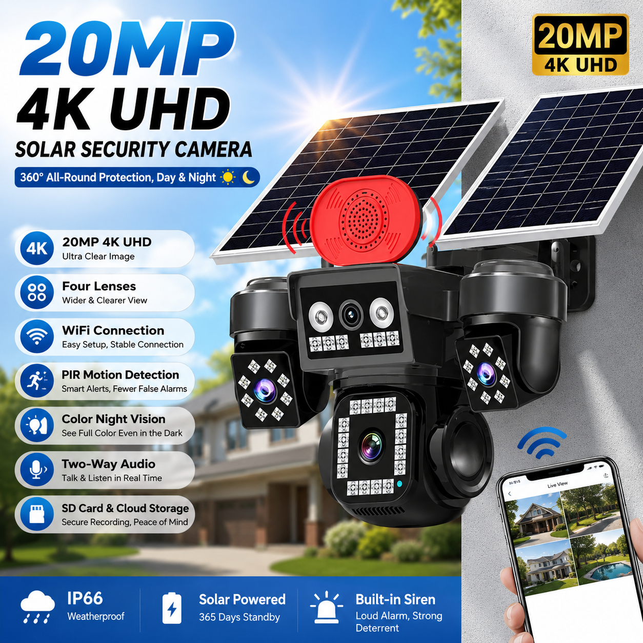 10K 20MP Solar Camera 4-Lens 4G WiFi Wireless 360 Panoramic PTZ Outdoor Bullet CCTV Security Surveillance Camera